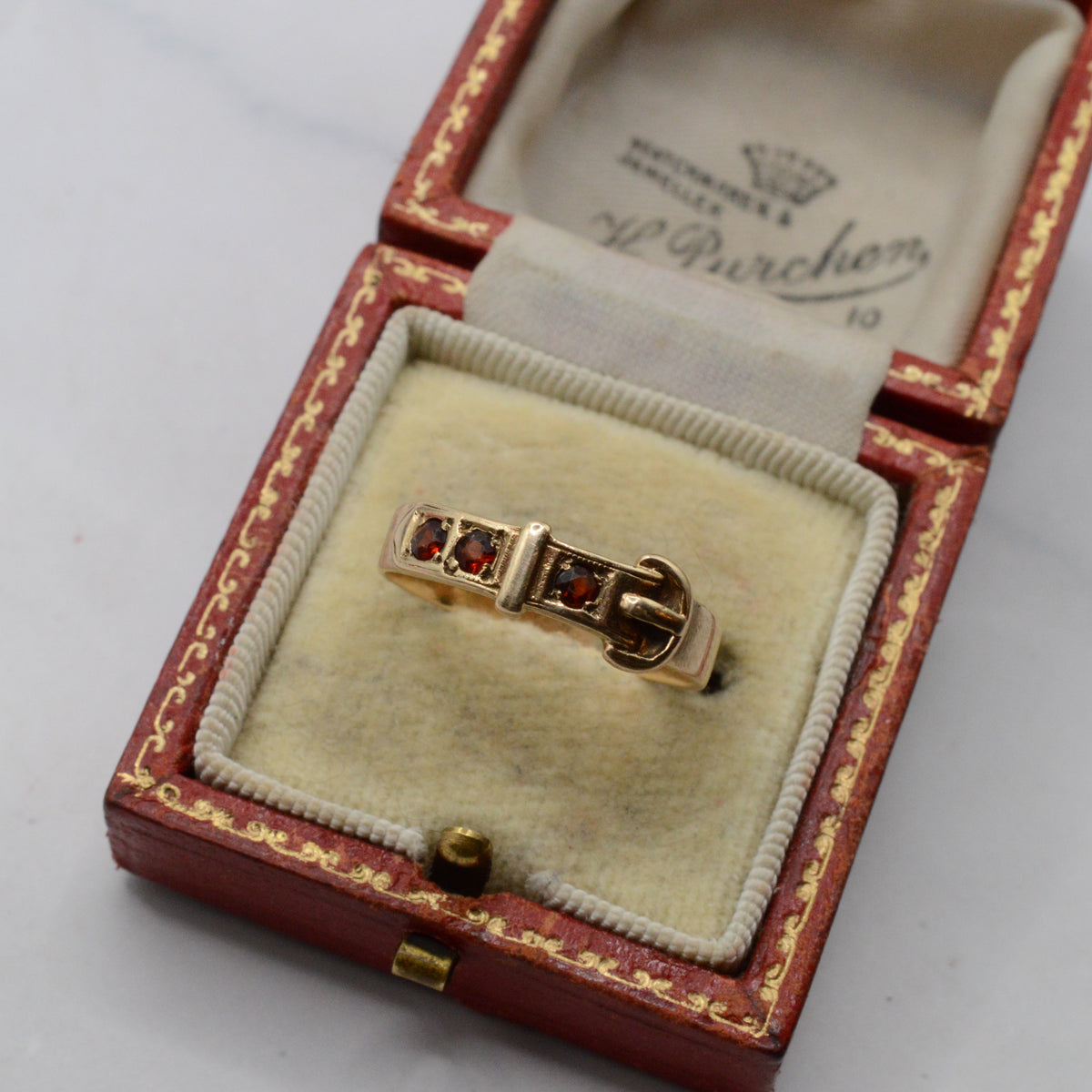 1970s Vintage 9ct Gold Garnet Buckle Ring