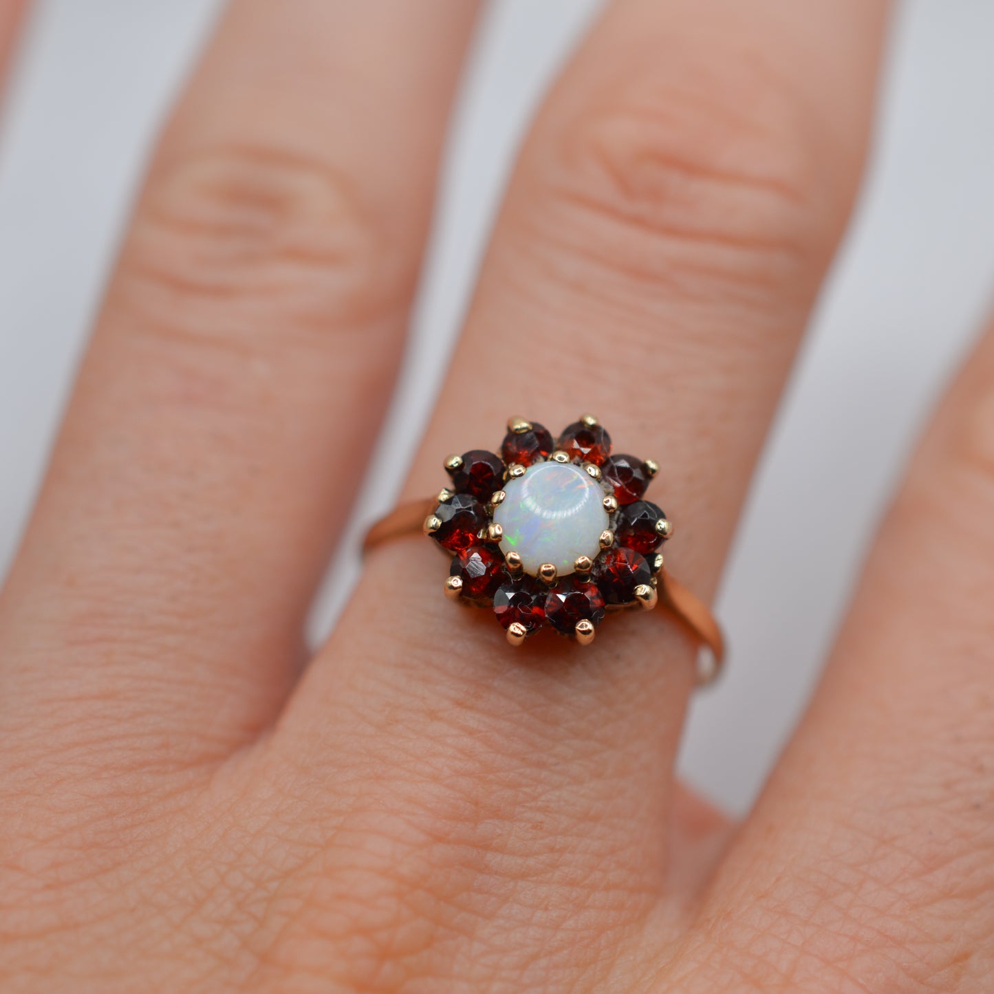 1980s 9ct Gold Opal & Garnet Cluster Ring