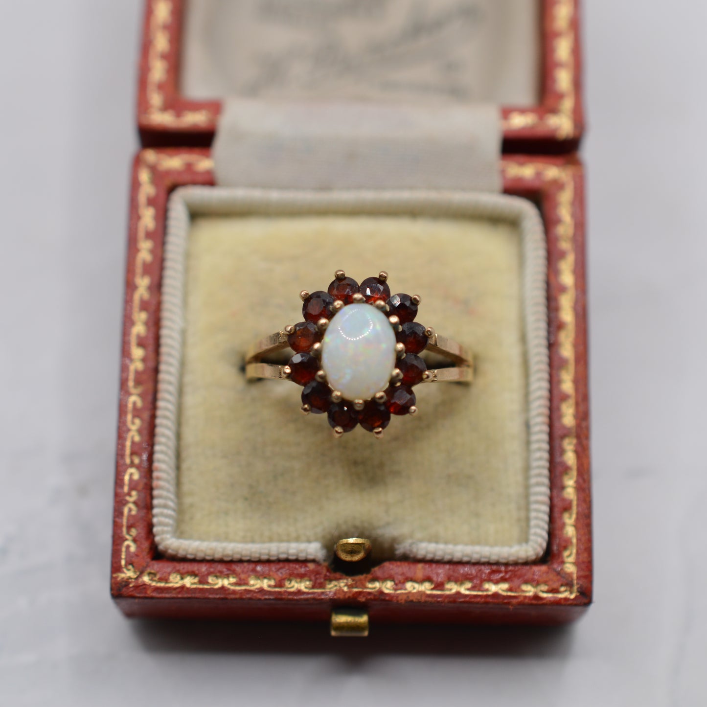 1970s Vintage 9ct Gold Opal & Garnet Cluster Ring