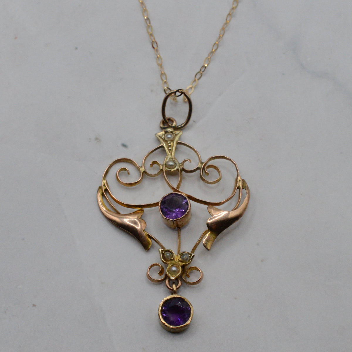 Antique Art Nouveau 9ct Gold Amethyst & Pearl Pendant Necklace (16")
