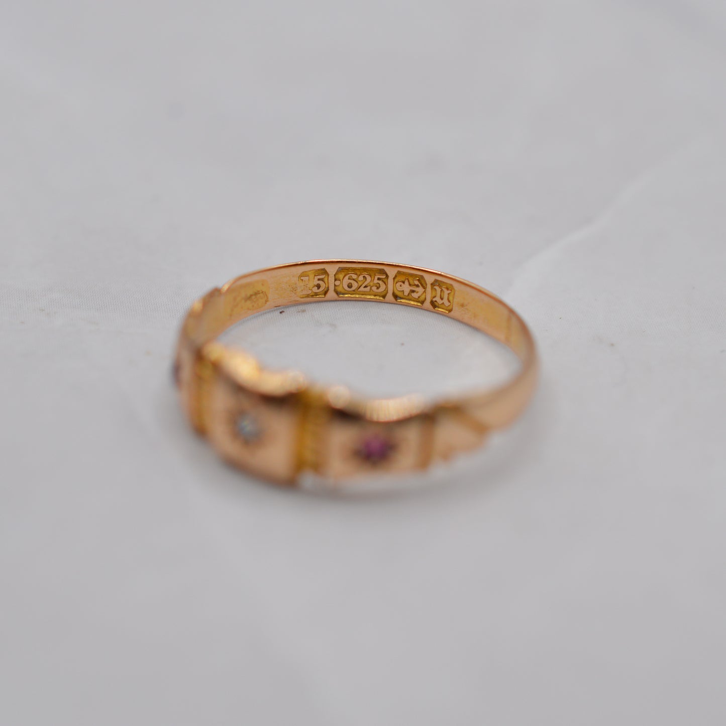 Antique 1894 Victorian 15ct Gold Ruby & Diamond Trilogy Ring