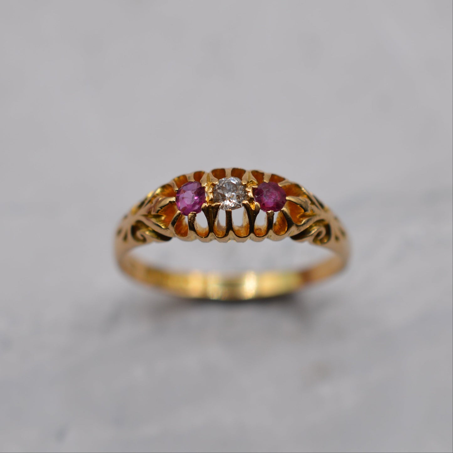 Antique Edwardian 1906 18ct Gold Ruby & Diamond Trilogy Ring