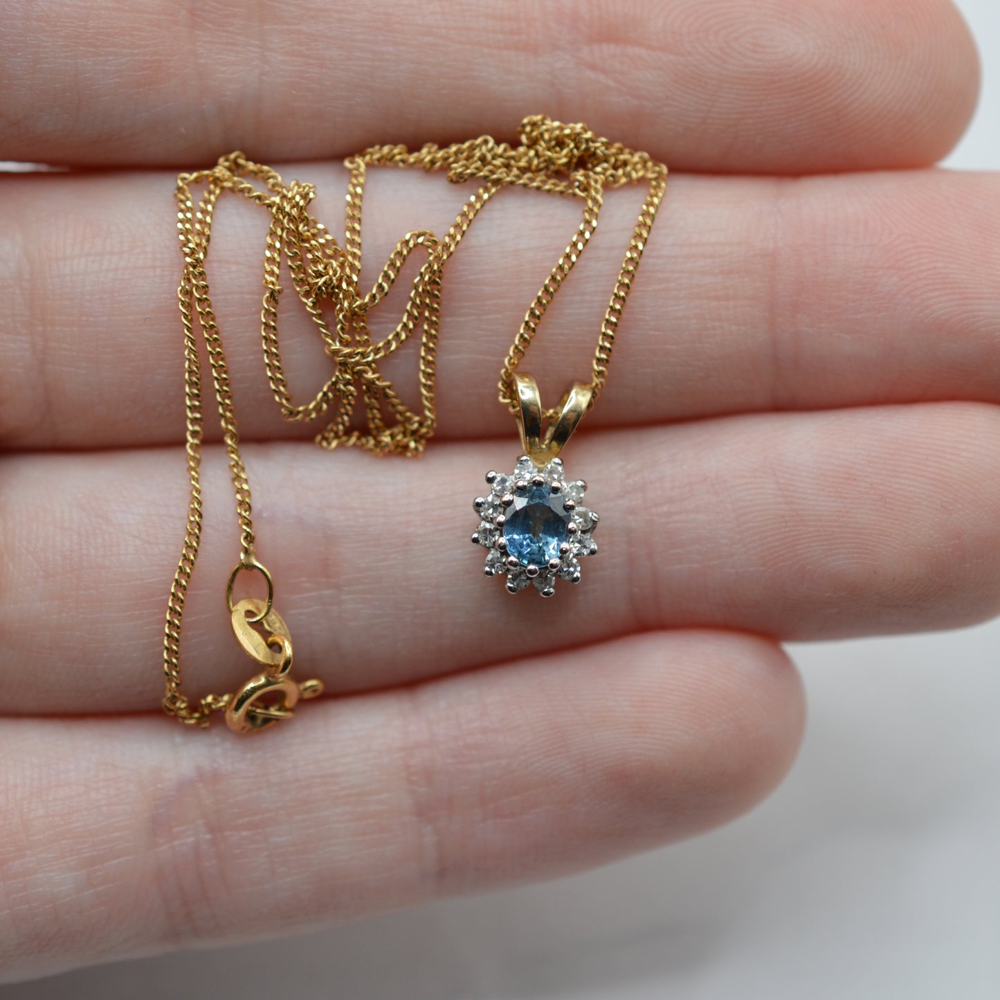 1990s 9ct Gold Sapphire & Diamond Cluster Pendant Necklace (16”)