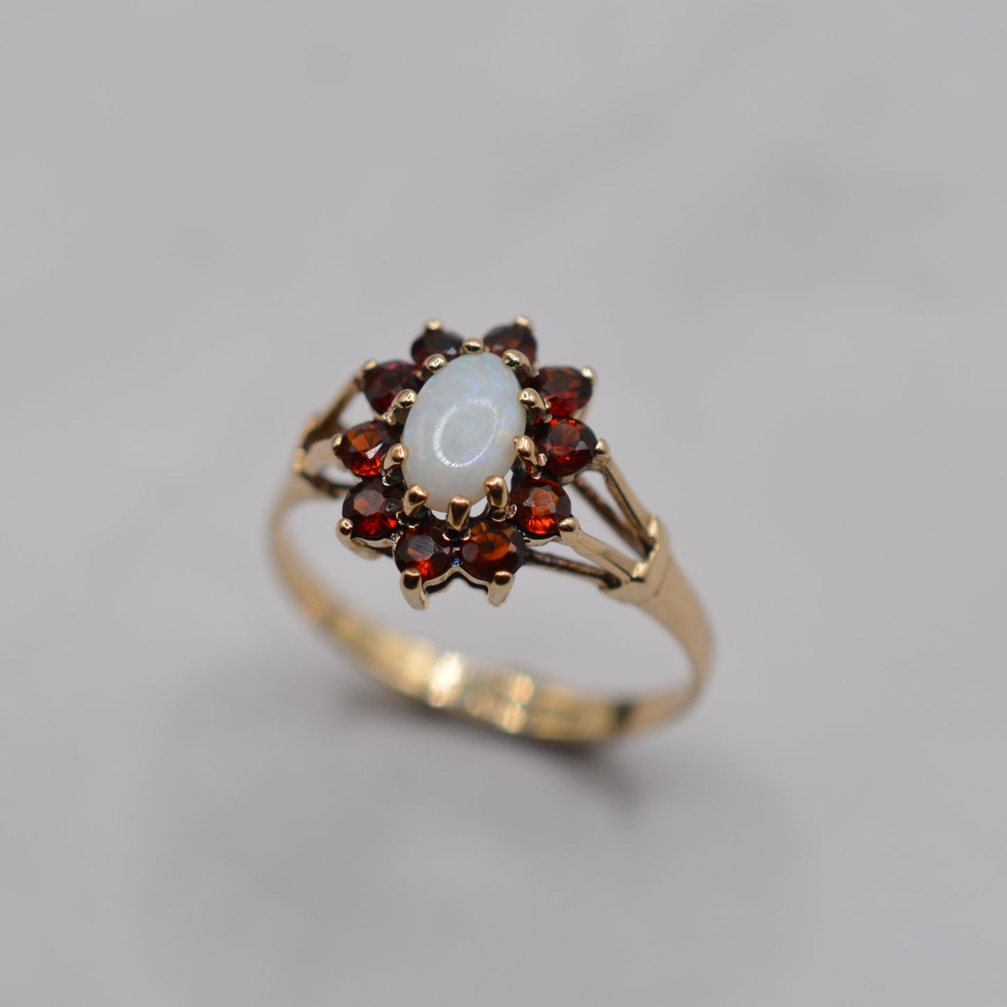 1980s Vintage 9ct Gold Opal & Garnet Cluster Ring
