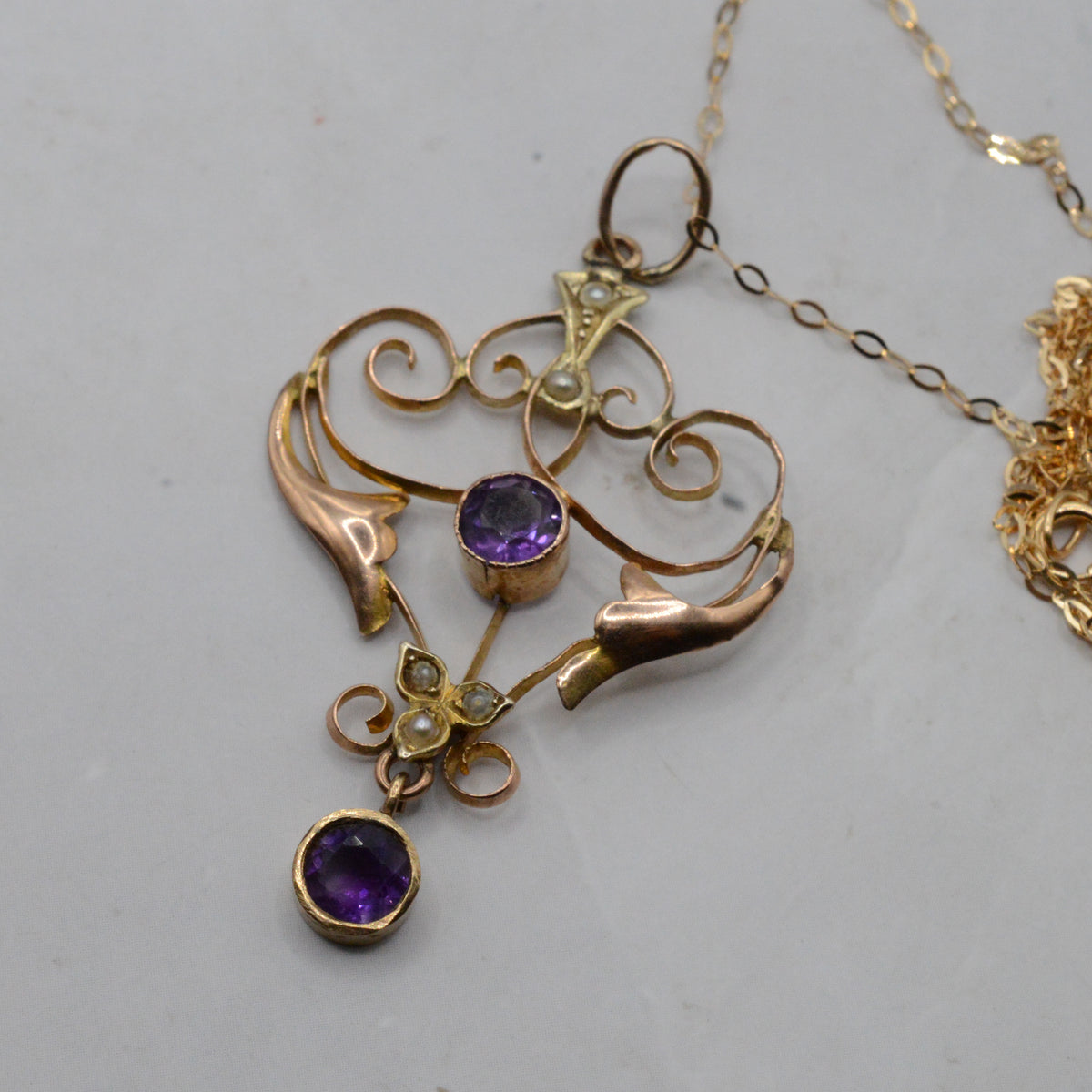 Antique Art Nouveau 9ct Gold Amethyst & Pearl Pendant Necklace (16")
