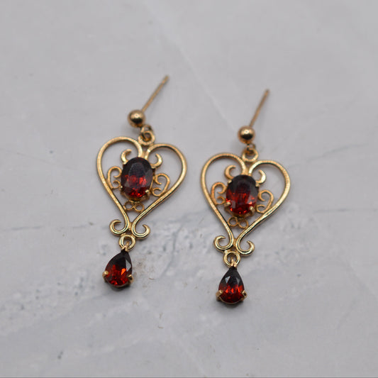 1990s Large 9ct Gold Garnet Openwork Drop Earrings