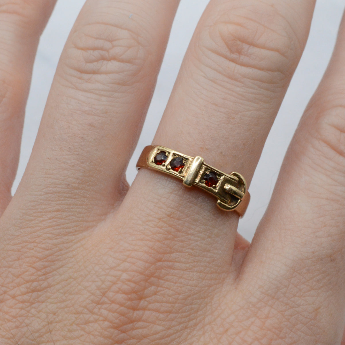 1970s Vintage 9ct Gold Garnet Buckle Ring