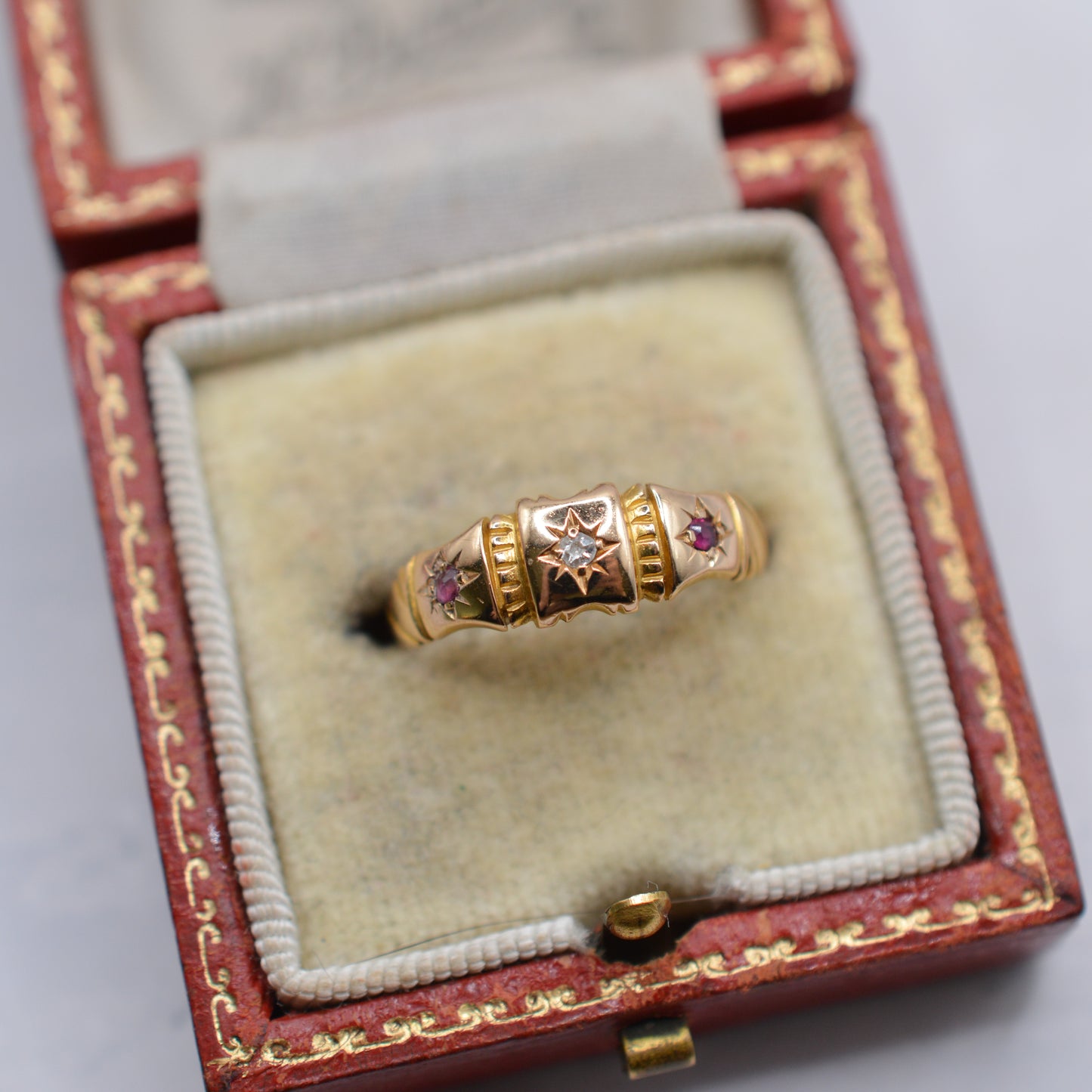 Antique 1894 Victorian 15ct Gold Ruby & Diamond Trilogy Ring