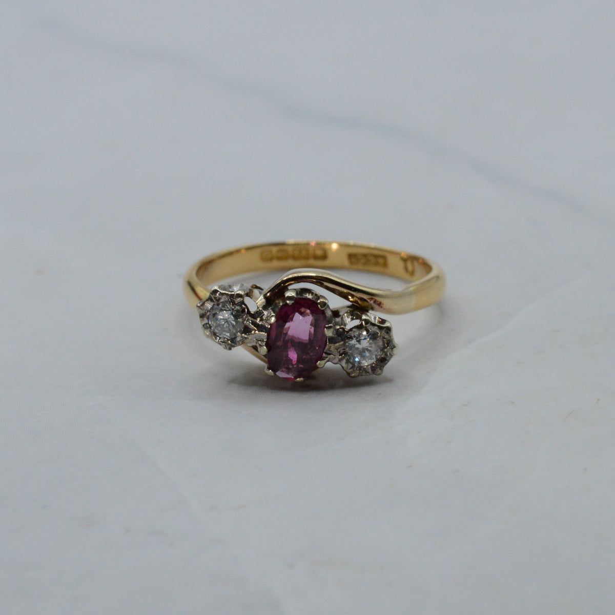 1940s Vintage 22ct Gold Ruby & Diamond Crossover Trilogy Ring