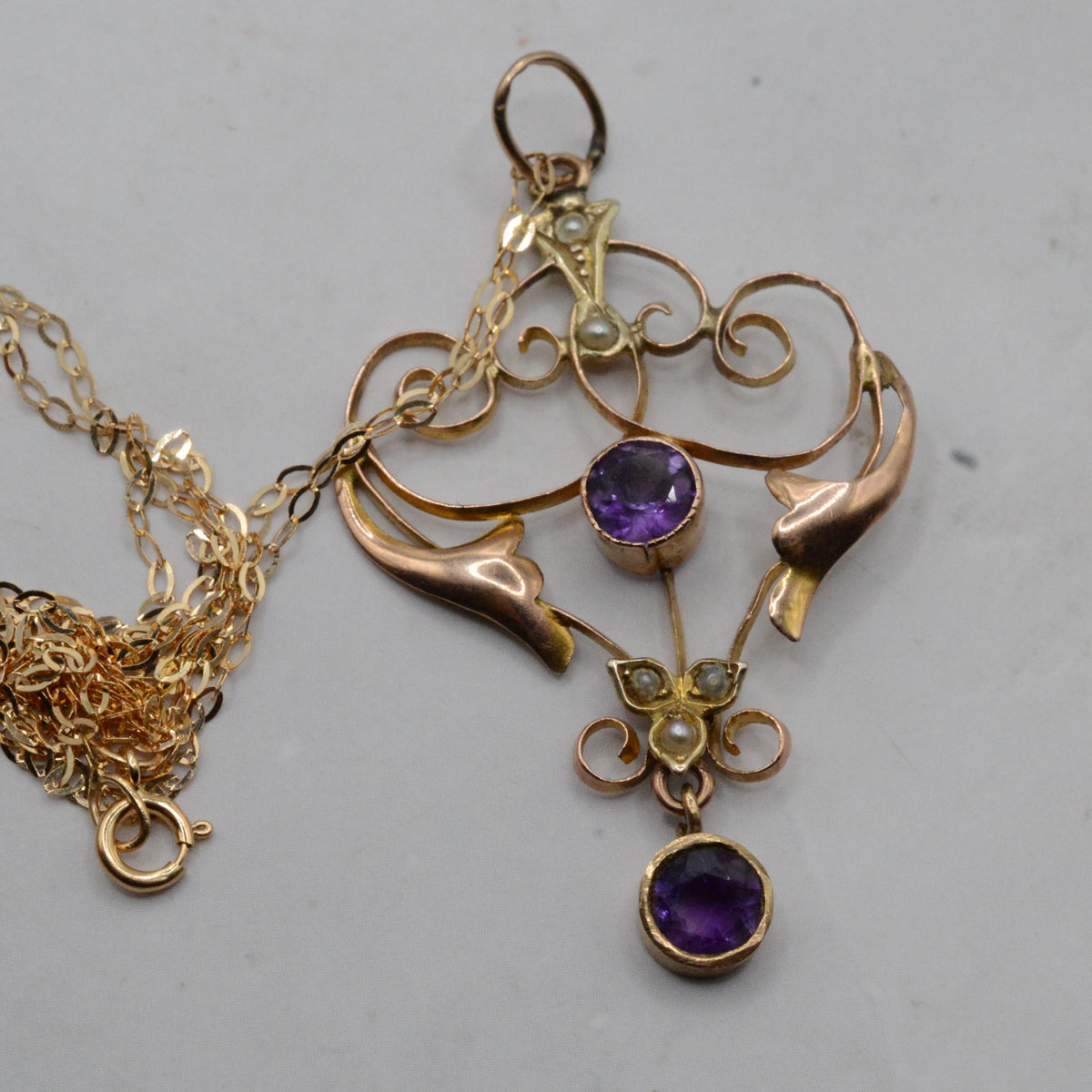 Antique Art Nouveau 9ct Gold Amethyst & Pearl Pendant Necklace (16")