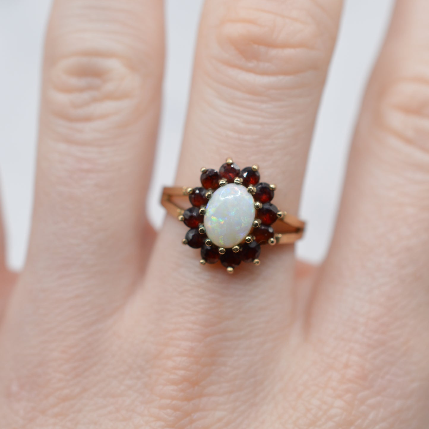 1970s Vintage 9ct Gold Opal & Garnet Cluster Ring