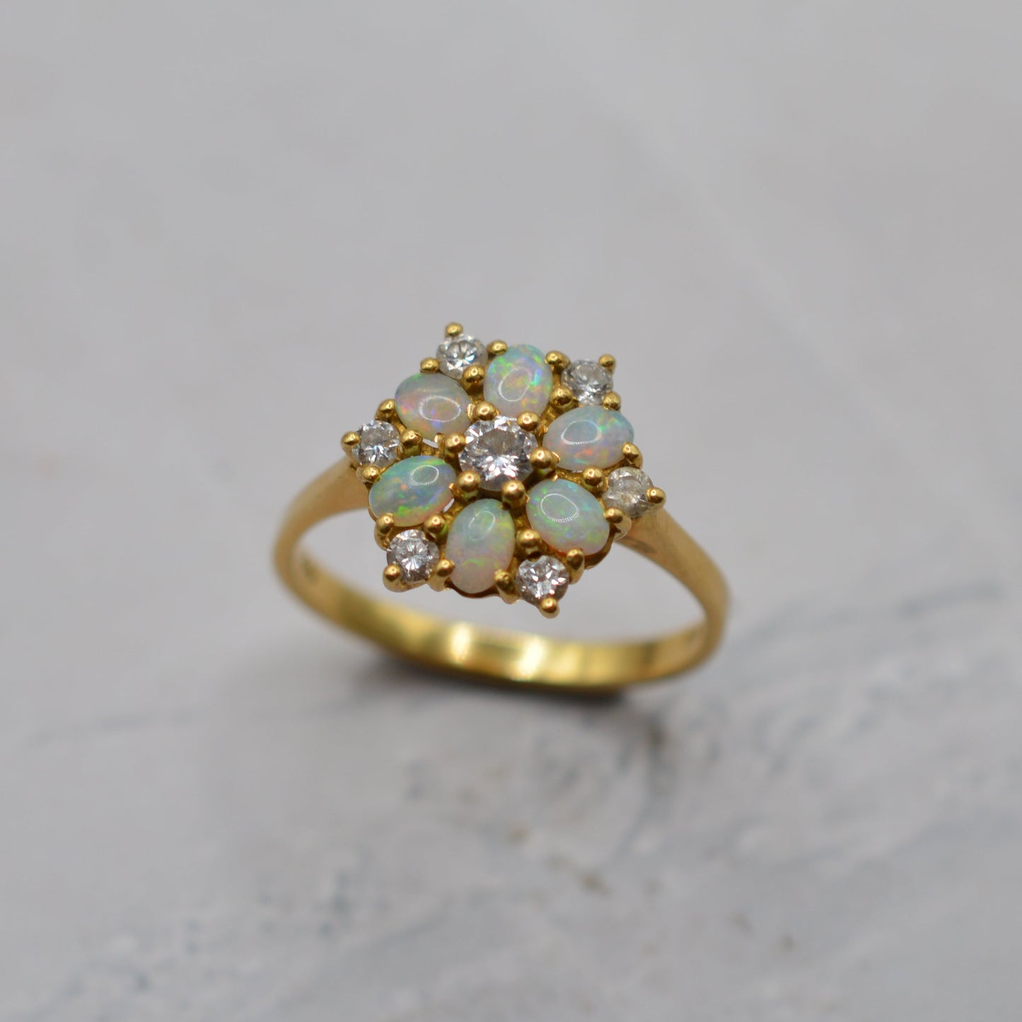 1970s Vintage 18ct Gold Opal & Diamond  Cluster Ring
