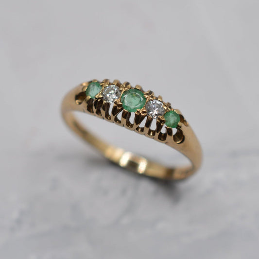1980s Vintage 9ct Gold Emerald & Diamond Five-Stone Ring