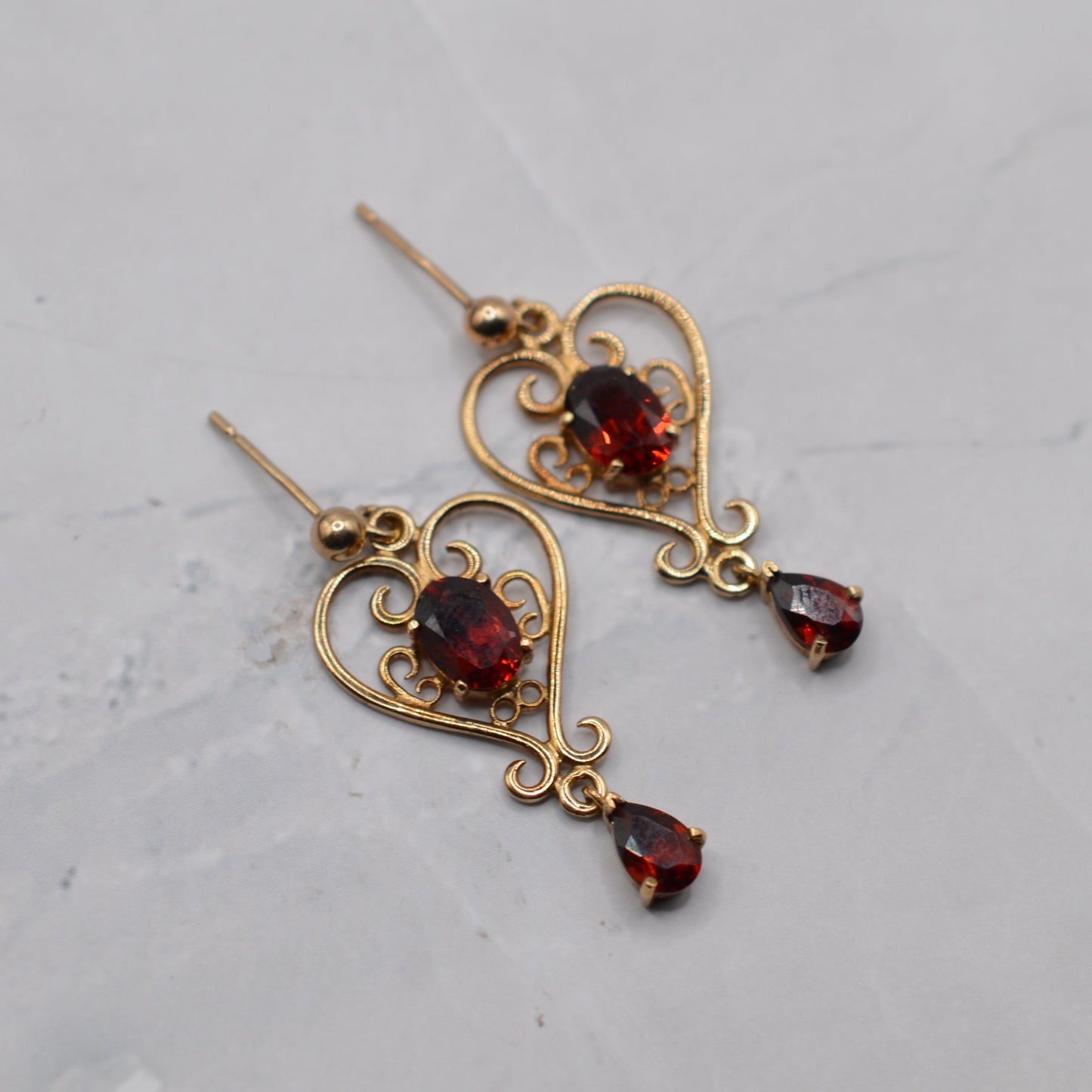 1990s Large 9ct Gold Garnet Openwork Drop Earrings