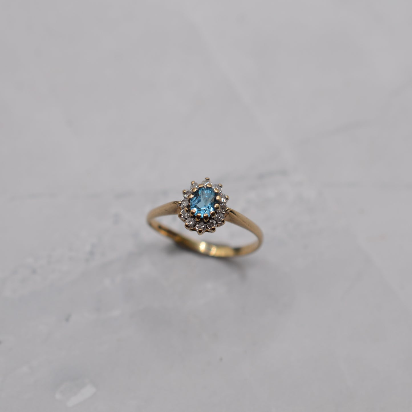 *RESERVED* 1980s 9ct Gold Blue Topaz & Diamond Cluster Ring