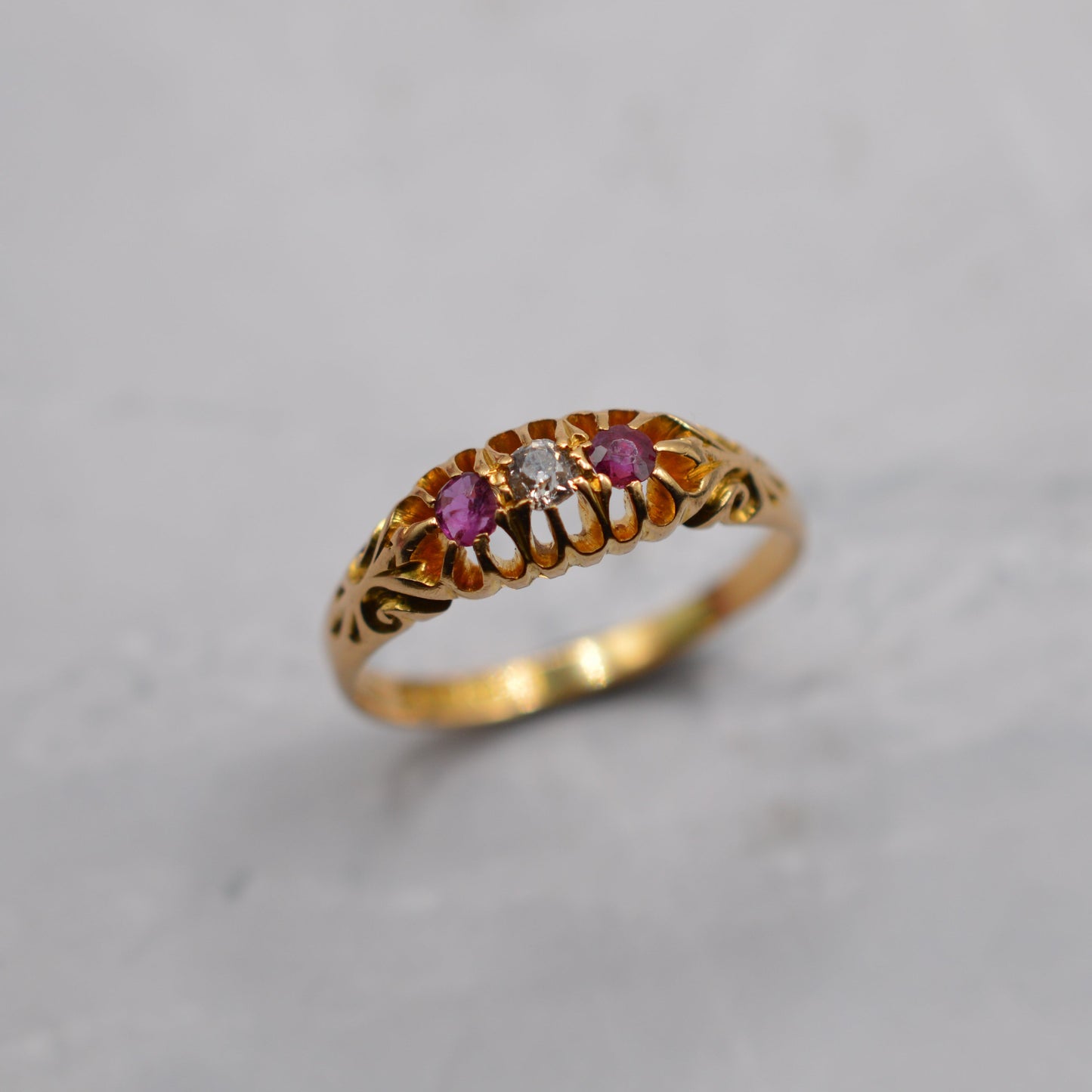 Antique Edwardian 1906 18ct Gold Ruby & Diamond Trilogy Ring