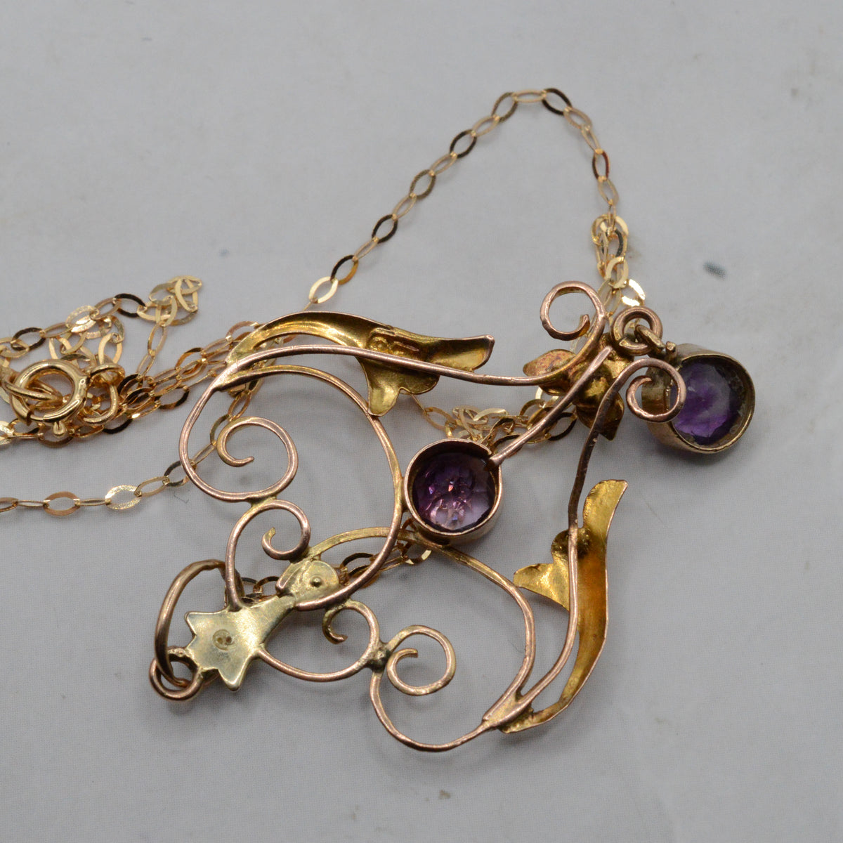 Antique Art Nouveau 9ct Gold Amethyst & Pearl Pendant Necklace (16")
