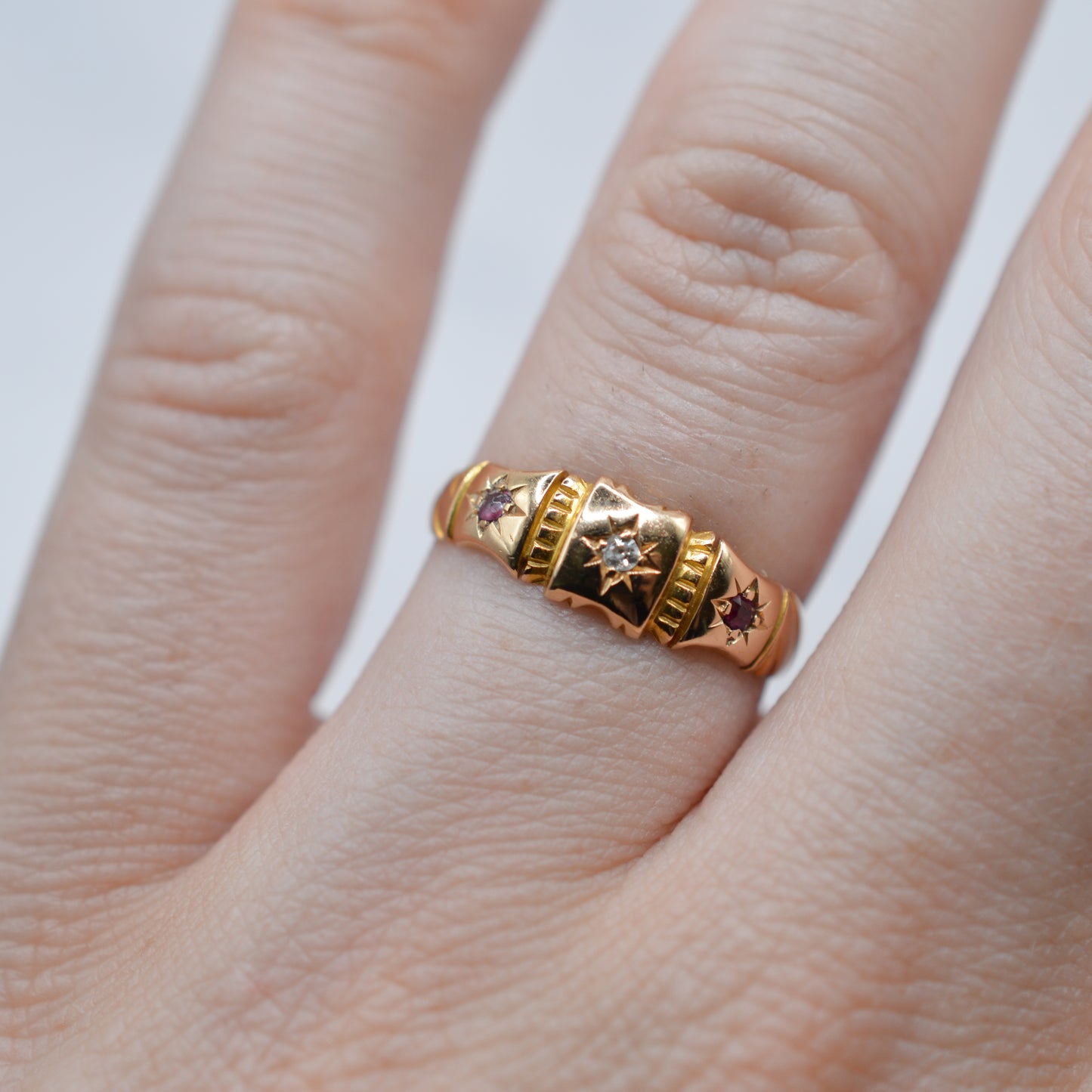 Antique 1894 Victorian 15ct Gold Ruby & Diamond Trilogy Ring