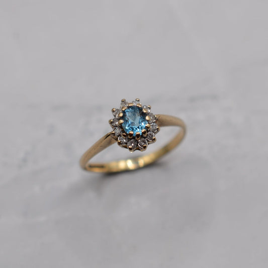 1980s 9ct Gold Blue Topaz & Diamond Cluster Ring