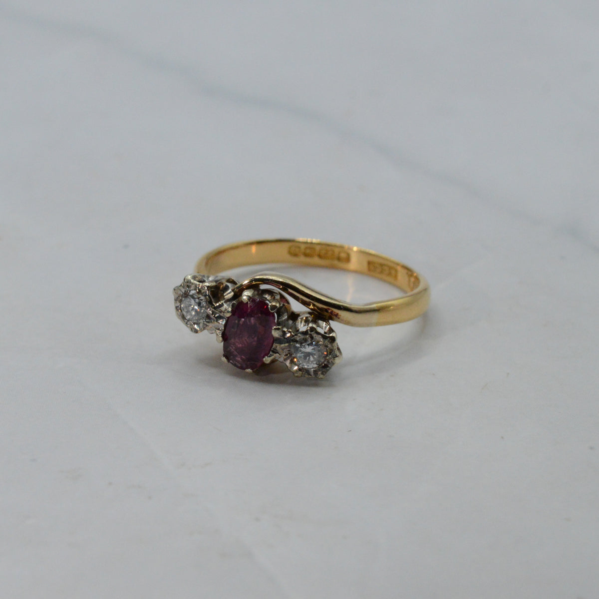 1940s Vintage 22ct Gold Ruby & Diamond Crossover Trilogy Ring