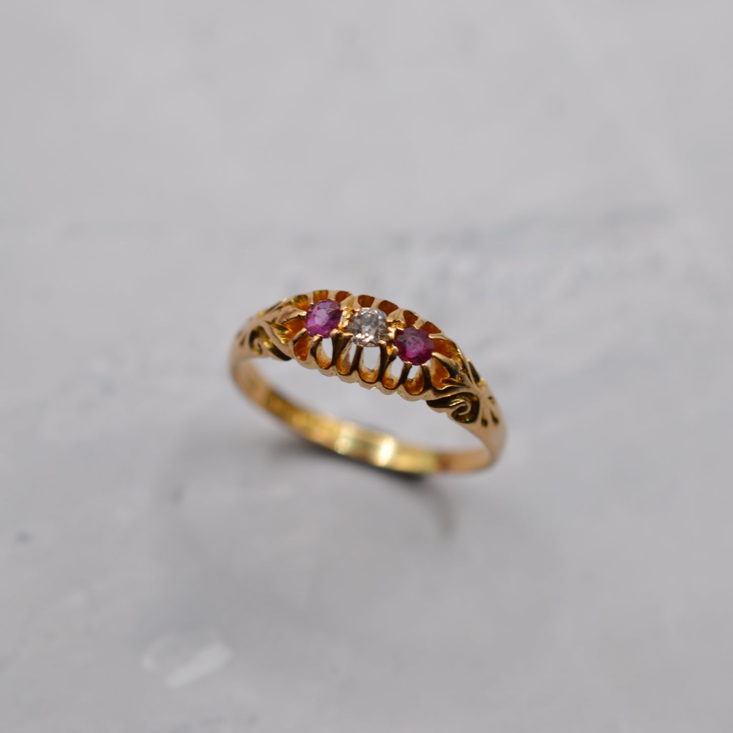 Antique Edwardian 1906 18ct Gold Ruby & Diamond Trilogy Ring