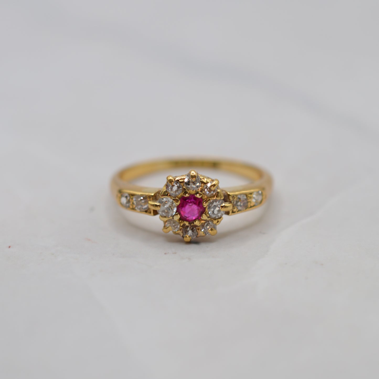 Antique 1912 18ct Gold Ruby & Diamond Cluster Ring