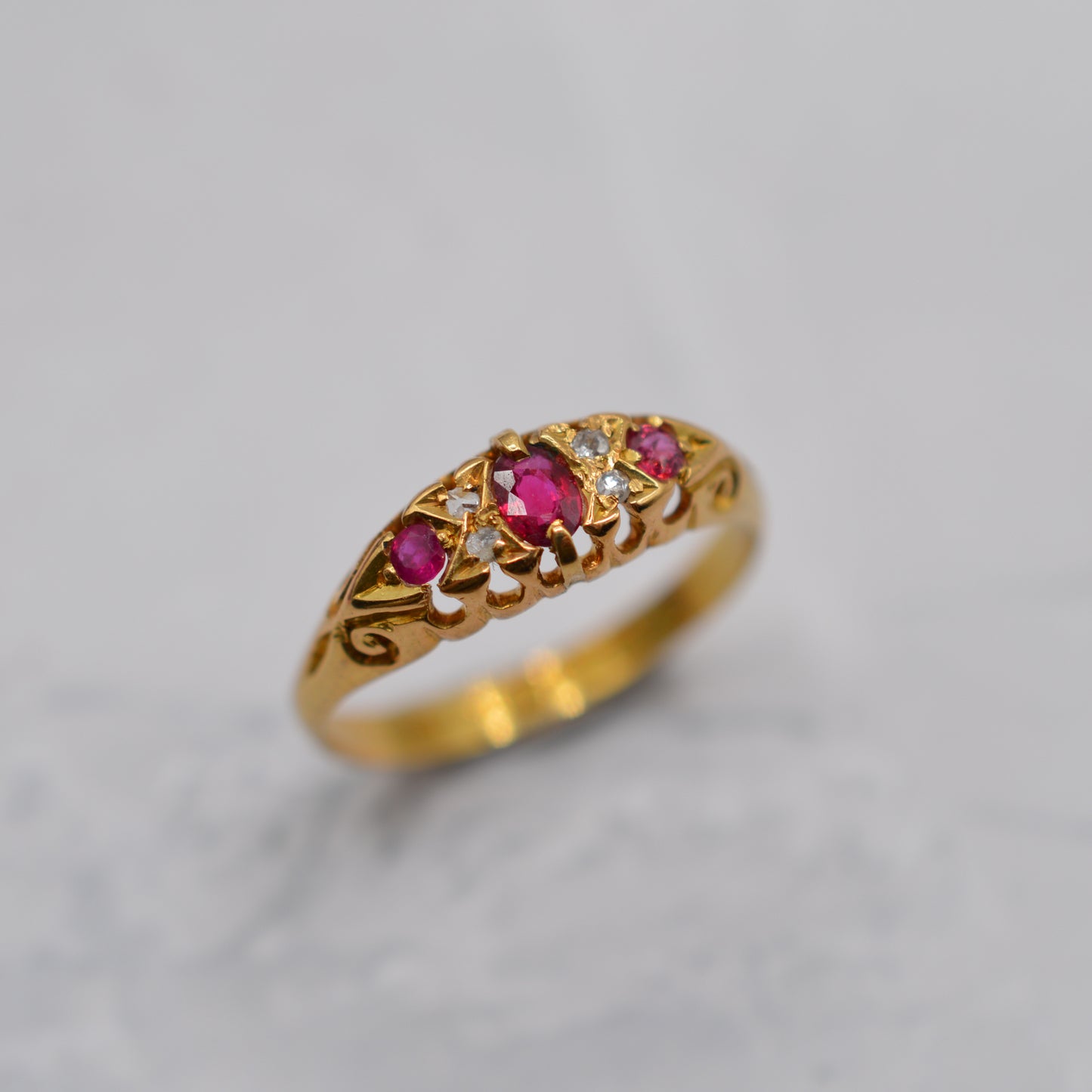 Antique 1909 Edwardian 18ct Gold Ruby & Diamond Boat Ring