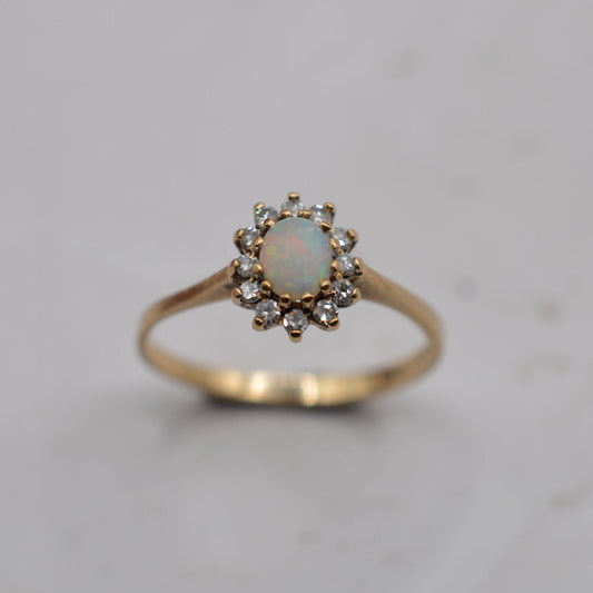 1980s Vintage 9ct Gold Opal & Diamond Cluster Ring
