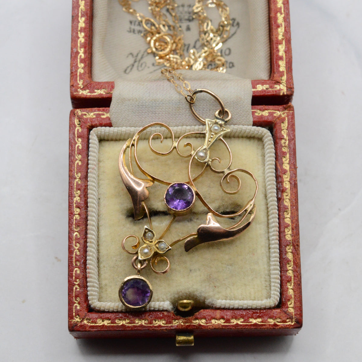 Antique Art Nouveau 9ct Gold Amethyst & Pearl Pendant Necklace (16")