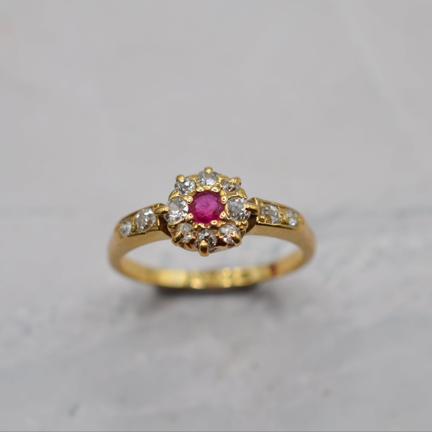 Antique 1912 18ct Gold Ruby & Diamond Cluster Ring