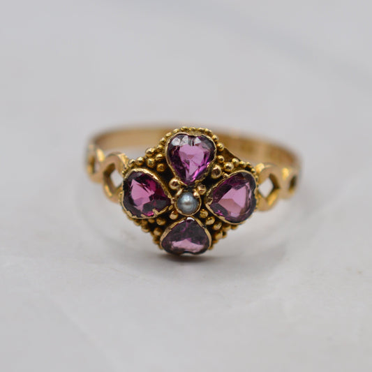 1864 Victorian Antique 12ct Gold Garnet & Pearl Ring