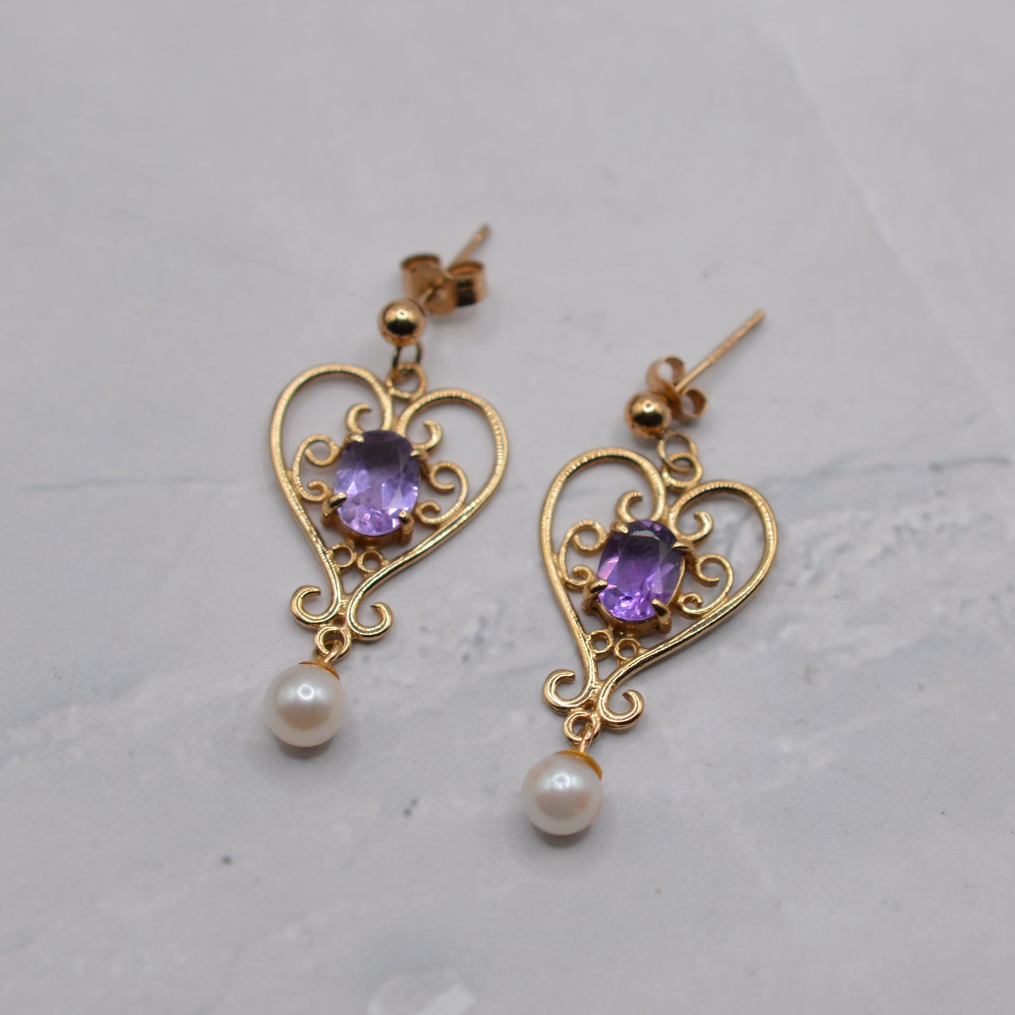 1990s 9ct Gold Amethyt & Pearl Dangly Earrings