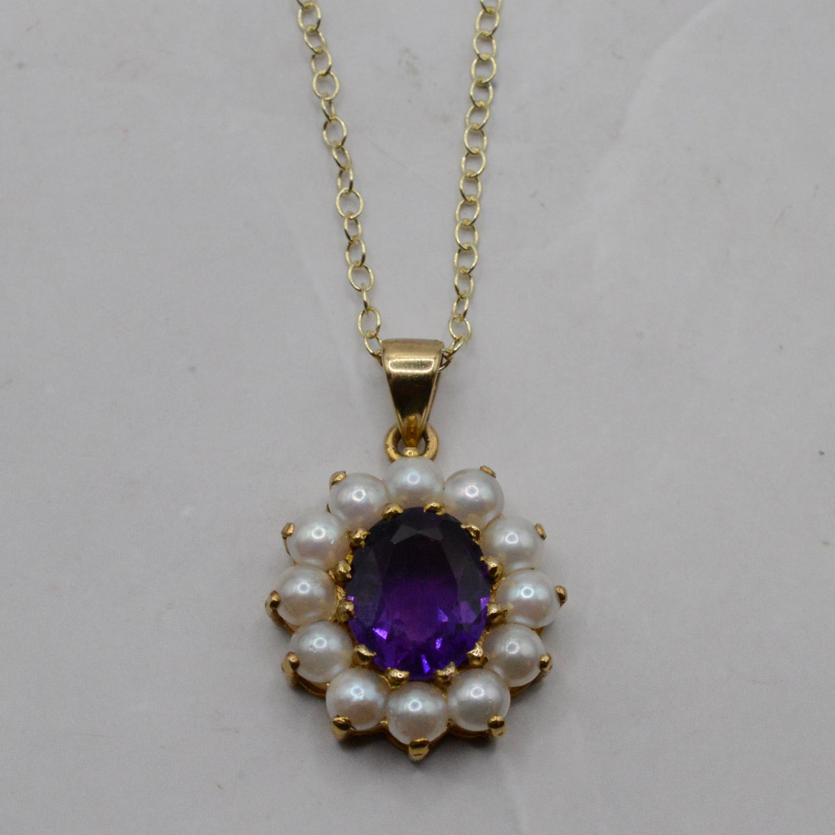 1990s 9ct Gold Amethyst & Pearl Pendant Necklace (16")