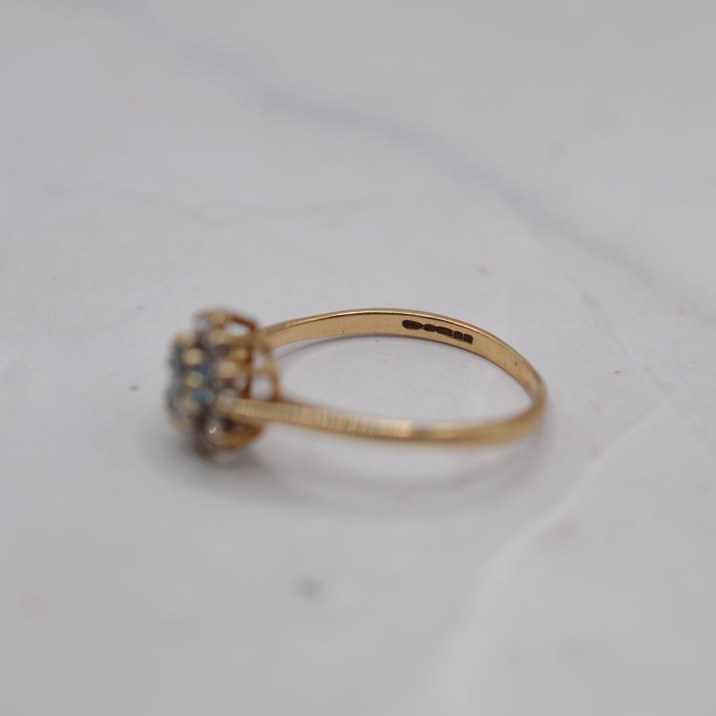 *RESERVED* 1980s 9ct Gold Blue Topaz & Diamond Cluster Ring