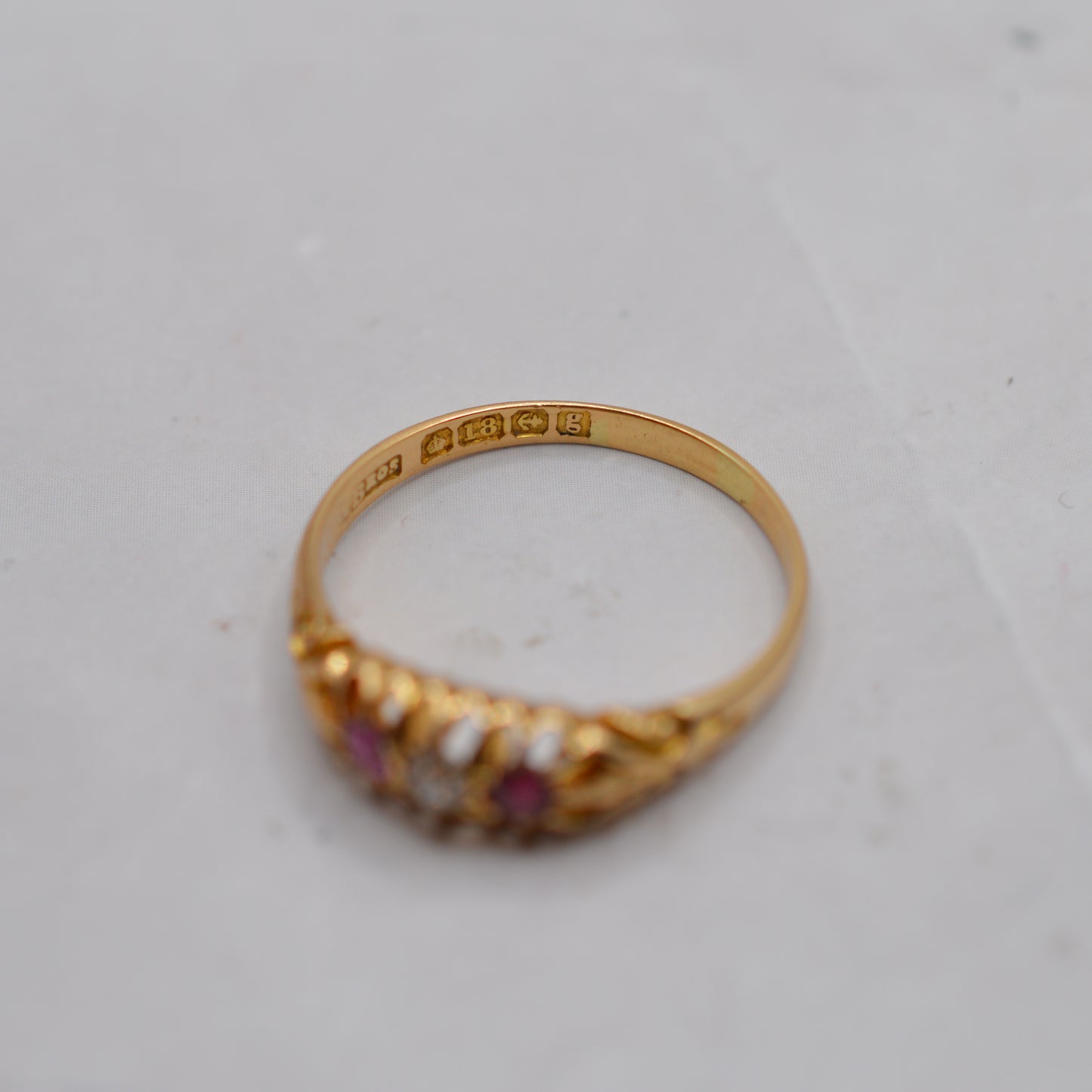 Antique Edwardian 1906 18ct Gold Ruby & Diamond Trilogy Ring