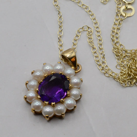 1990s 9ct Gold Amethyst & Pearl Pendant Necklace (16")