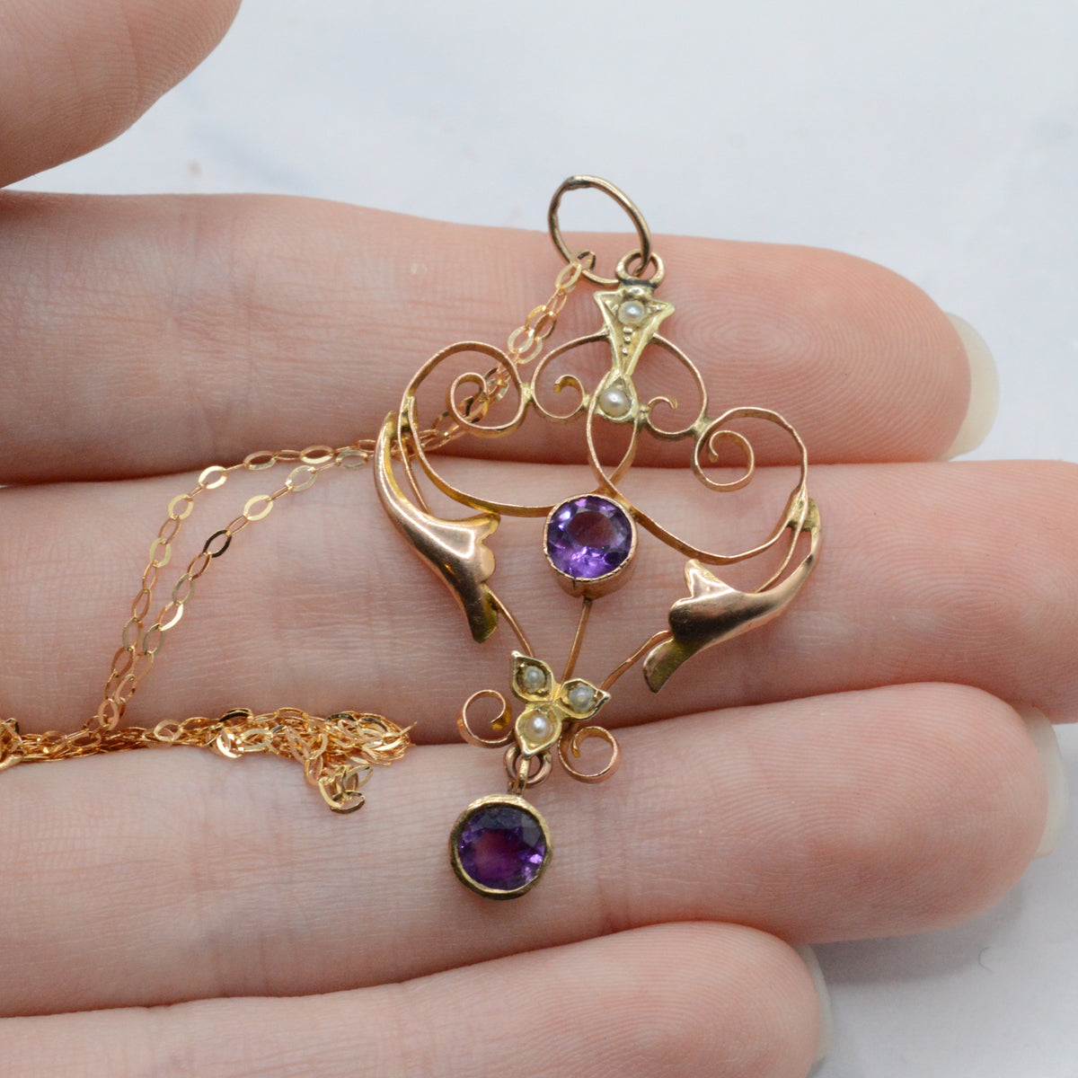 Antique Art Nouveau 9ct Gold Amethyst & Pearl Pendant Necklace (16")