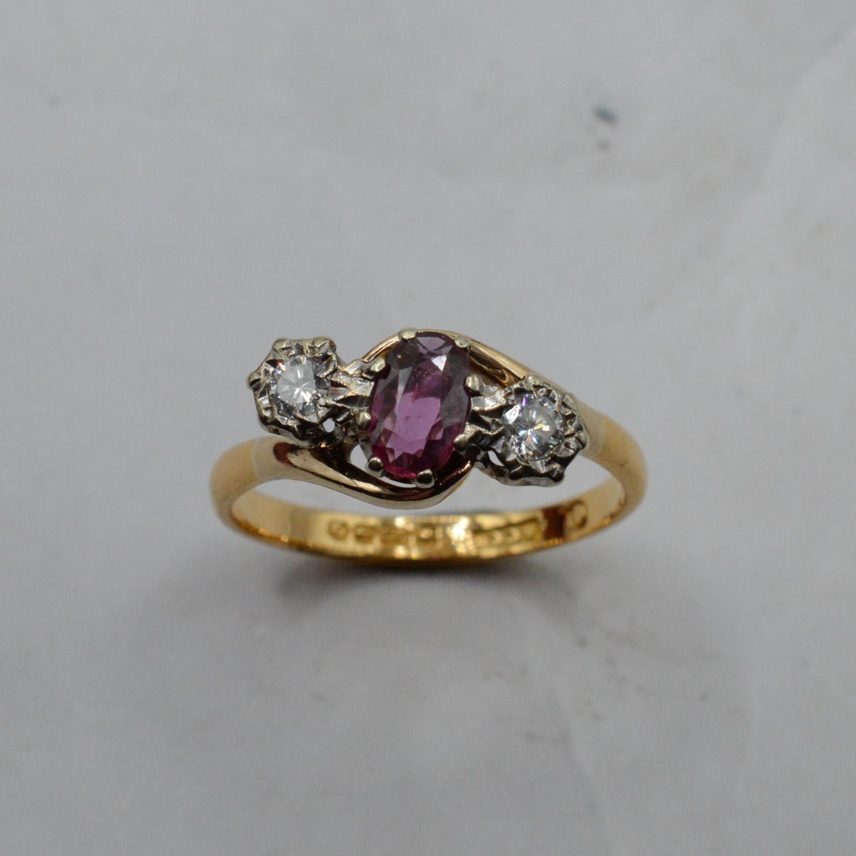 1940s Vintage 22ct Gold Ruby & Diamond Crossover Trilogy Ring