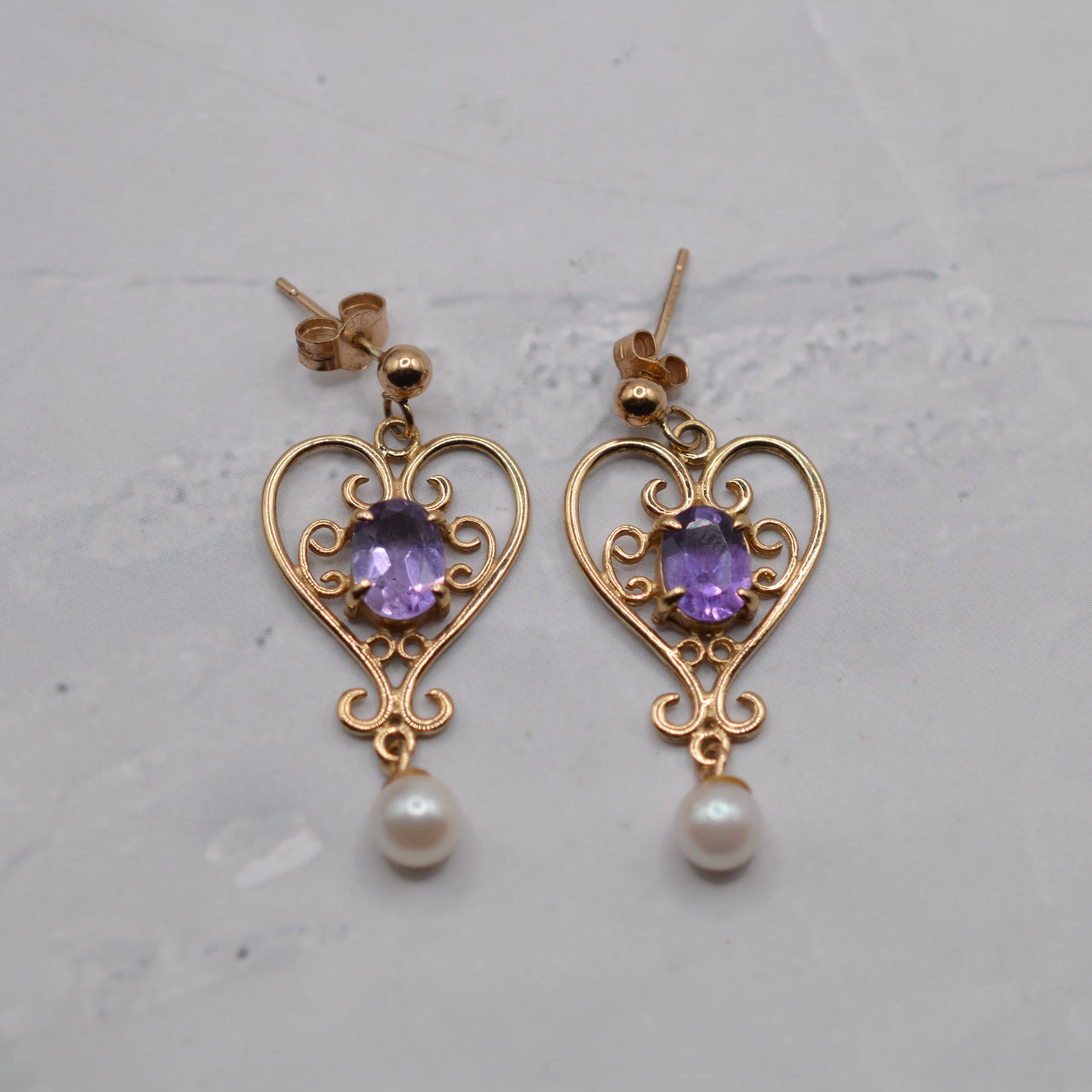 1990s 9ct Gold Amethyt & Pearl Dangly Earrings