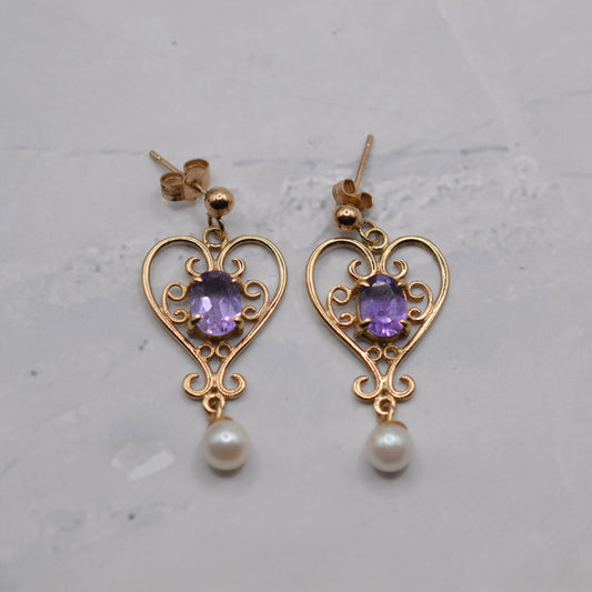 1990s 9ct Gold Amethyt & Pearl Dangly Earrings