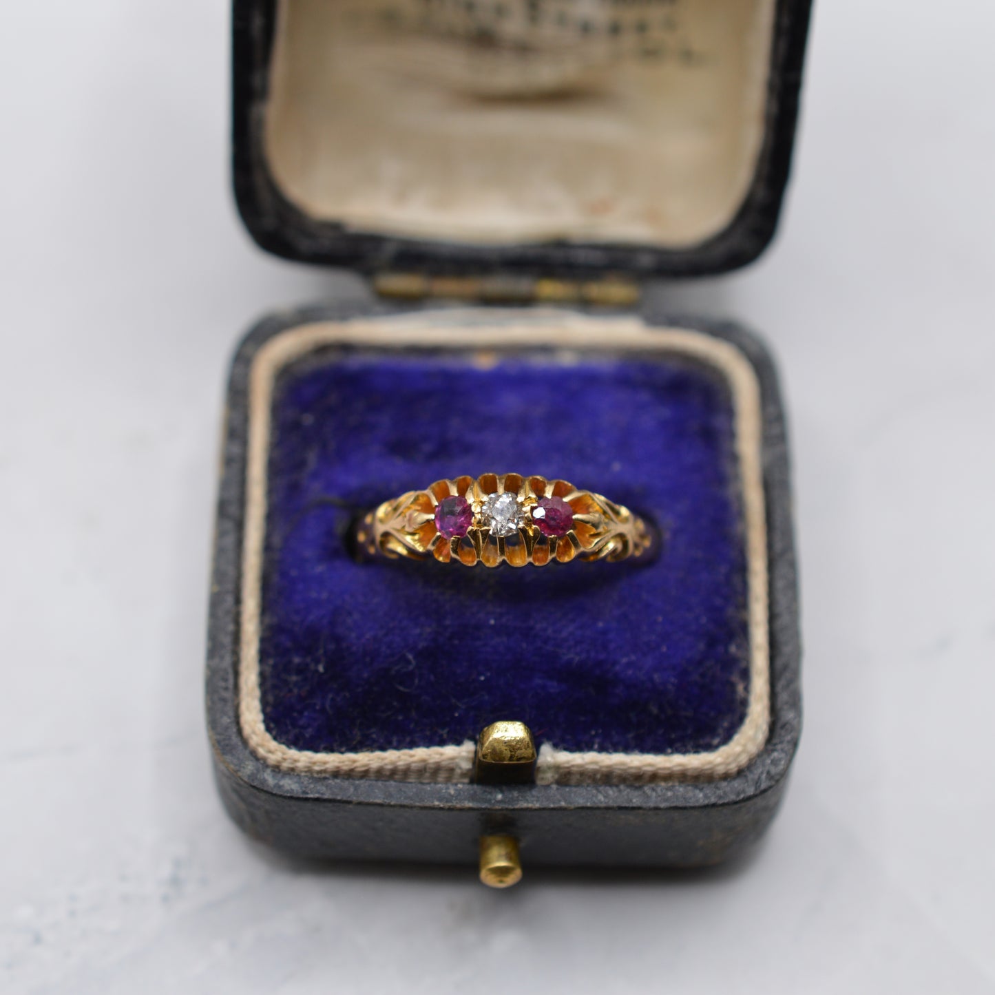 Antique Edwardian 1906 18ct Gold Ruby & Diamond Trilogy Ring