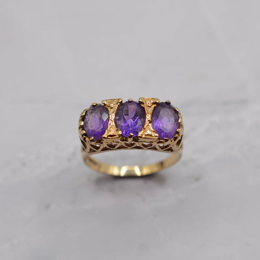 Chunky 9ct Gold Amethyst Trilogy Ring with Heart Gallery