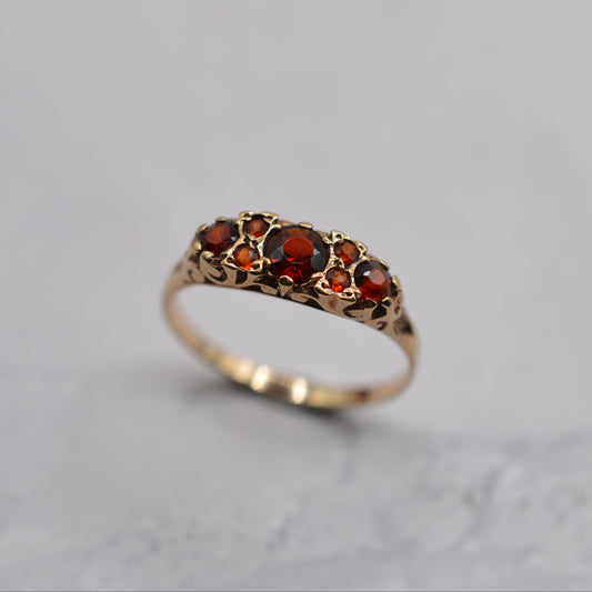 1970s Vintage 9ct Gold Garnet Seven-Stone Ring