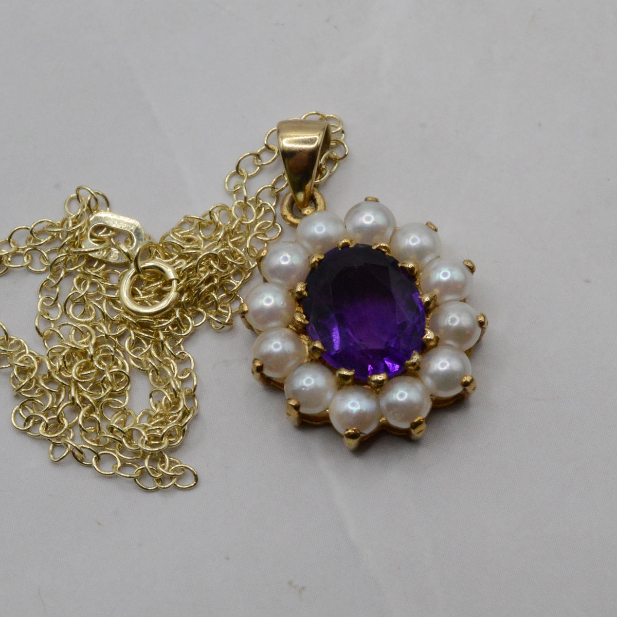 1990s 9ct Gold Amethyst & Pearl Pendant Necklace (16")