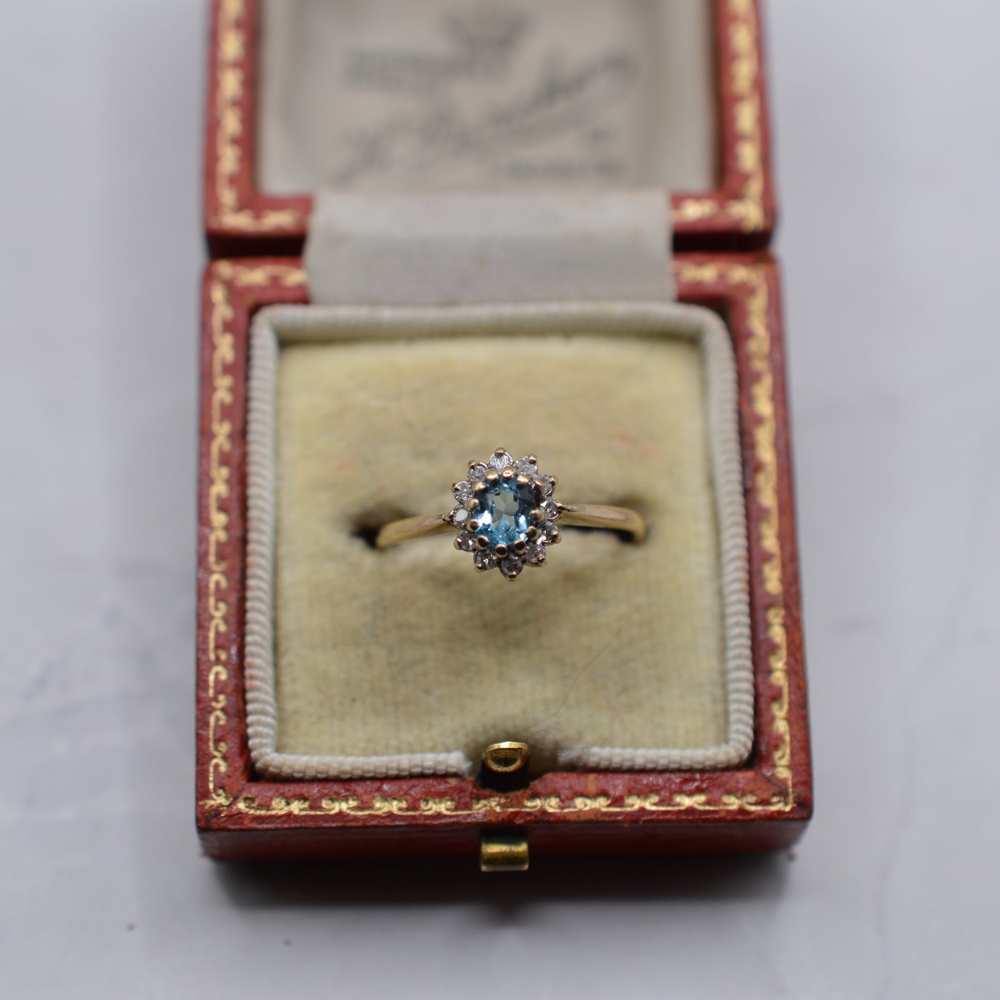 *RESERVED* 1980s 9ct Gold Blue Topaz & Diamond Cluster Ring