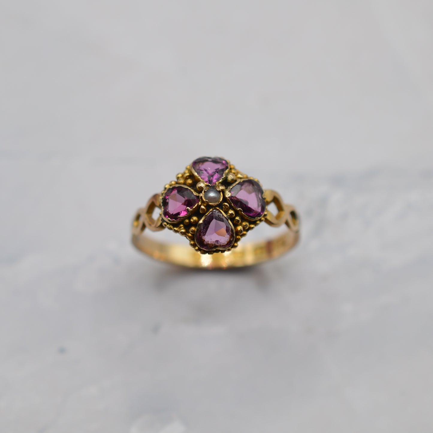 1864 Victorian Antique 12ct Gold Garnet & Pearl Ring