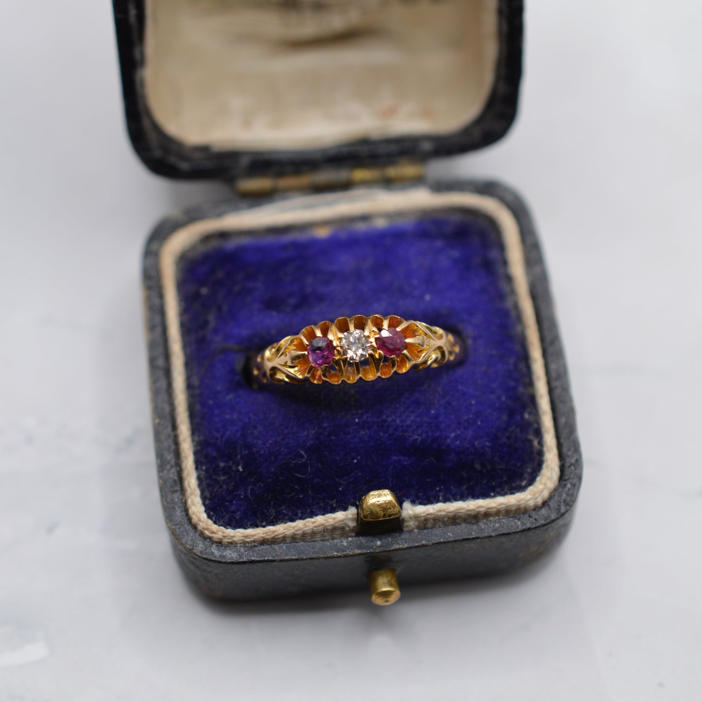 Antique Edwardian 1906 18ct Gold Ruby & Diamond Trilogy Ring