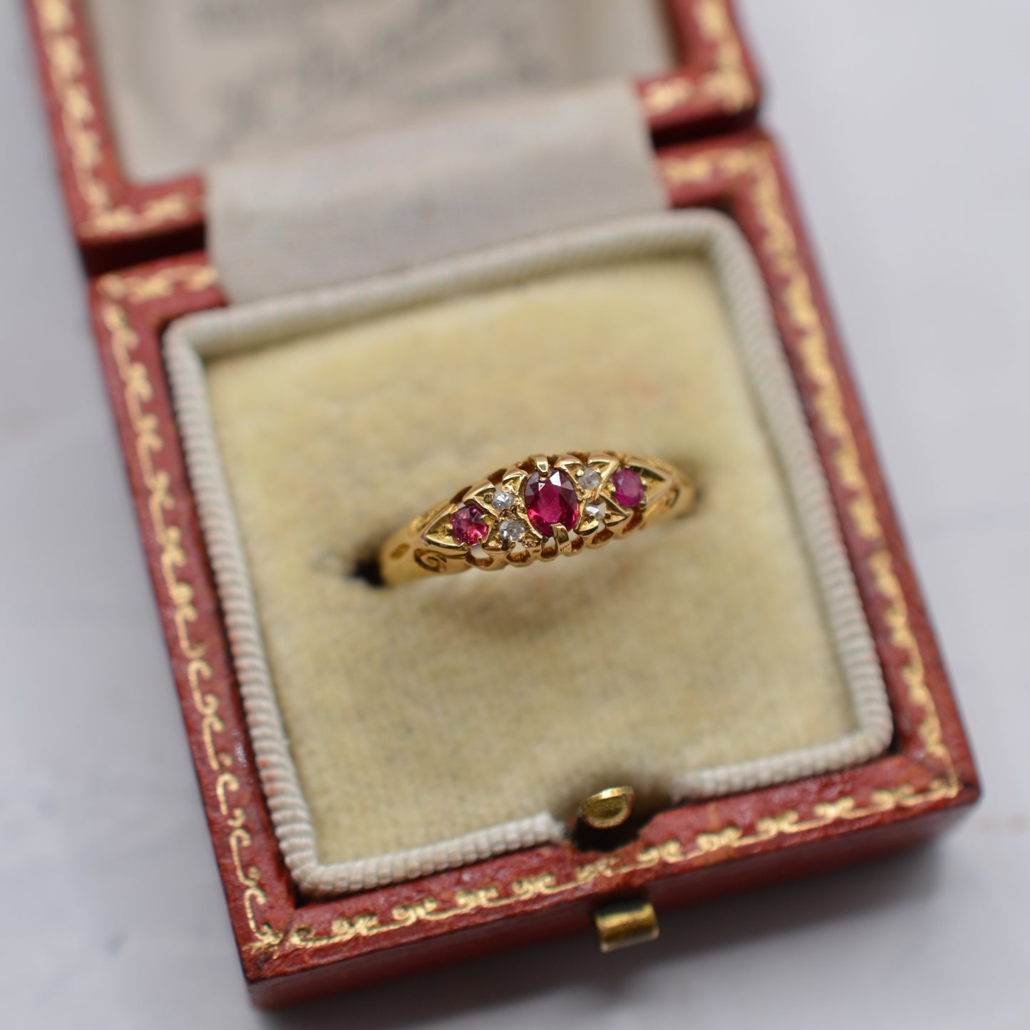 Antique 1909 Edwardian 18ct Gold Ruby & Diamond Boat Ring