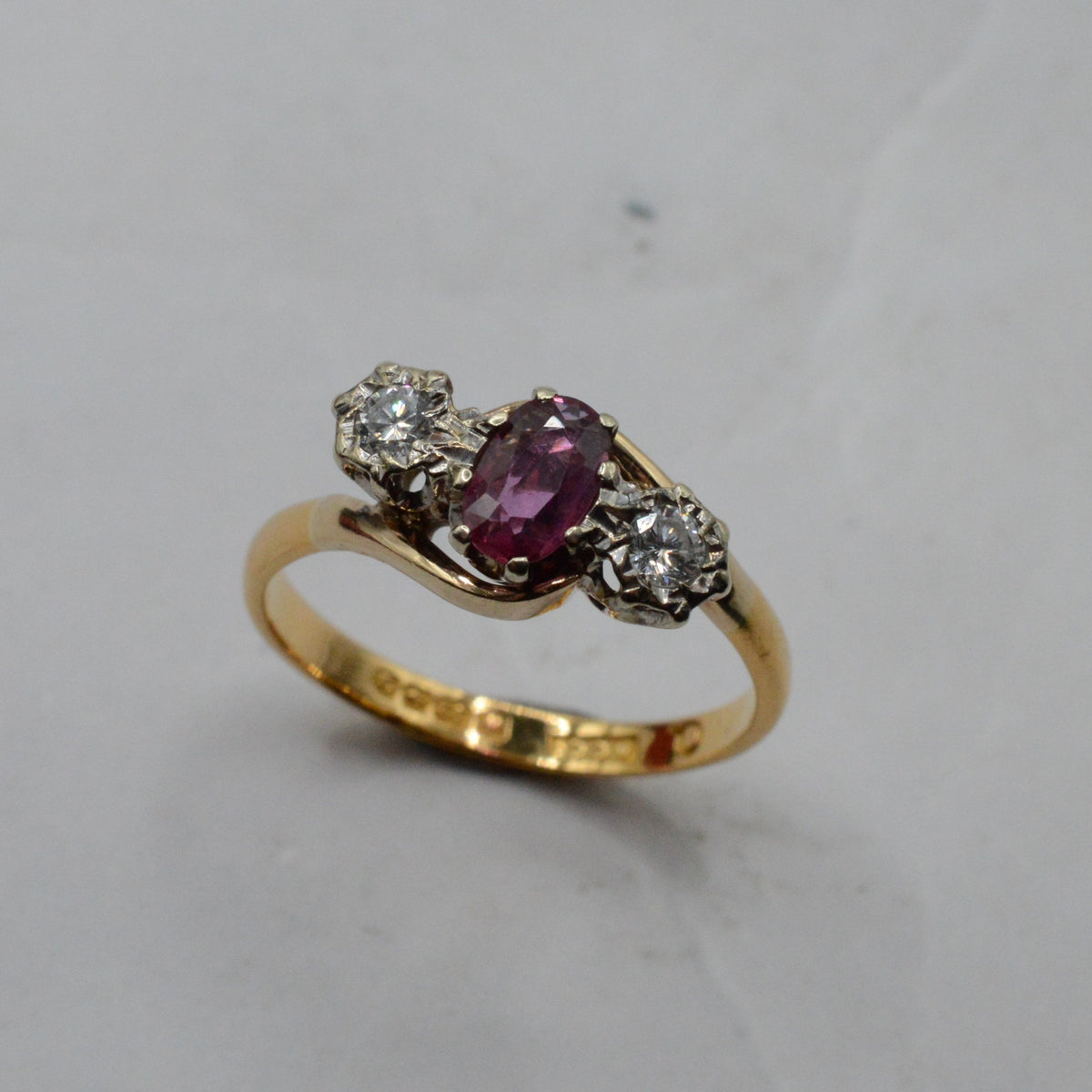 1940s Vintage 22ct Gold Ruby & Diamond Crossover Trilogy Ring