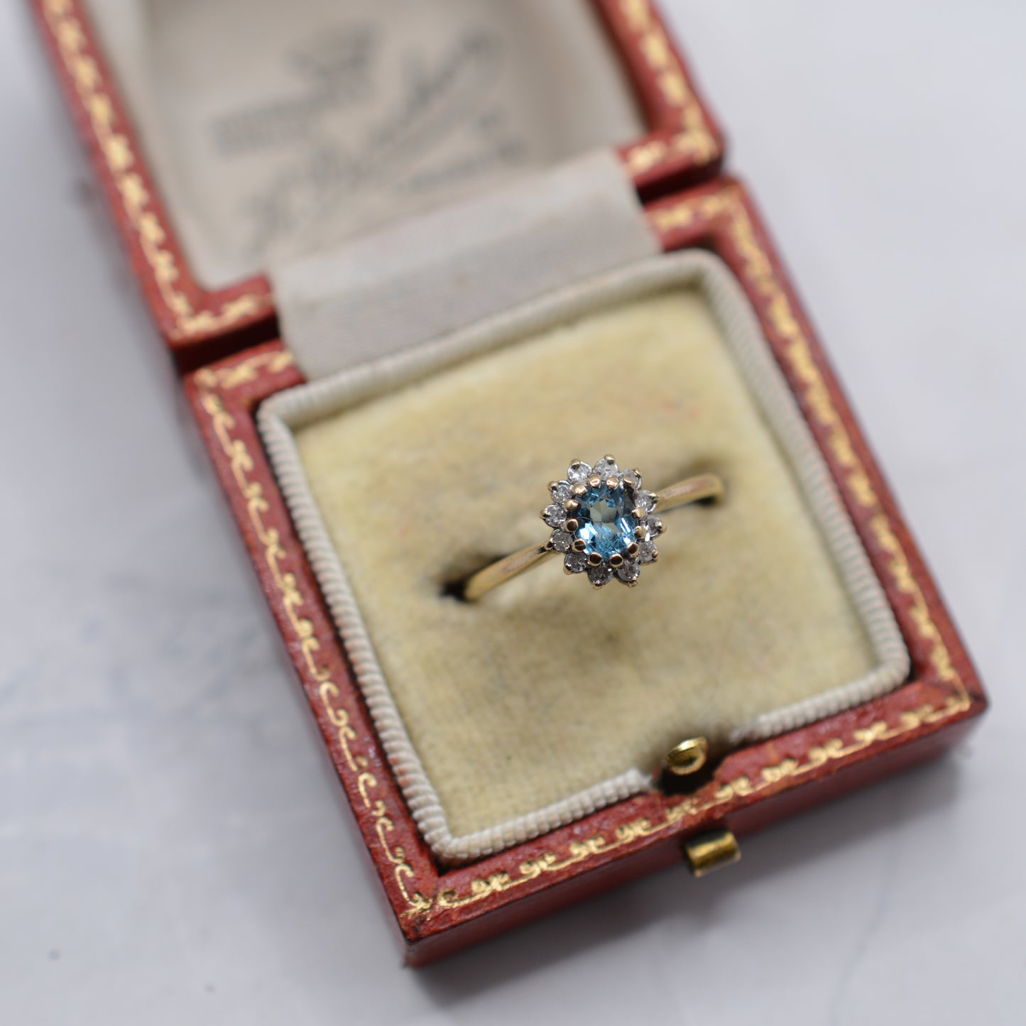 *RESERVED* 1980s 9ct Gold Blue Topaz & Diamond Cluster Ring